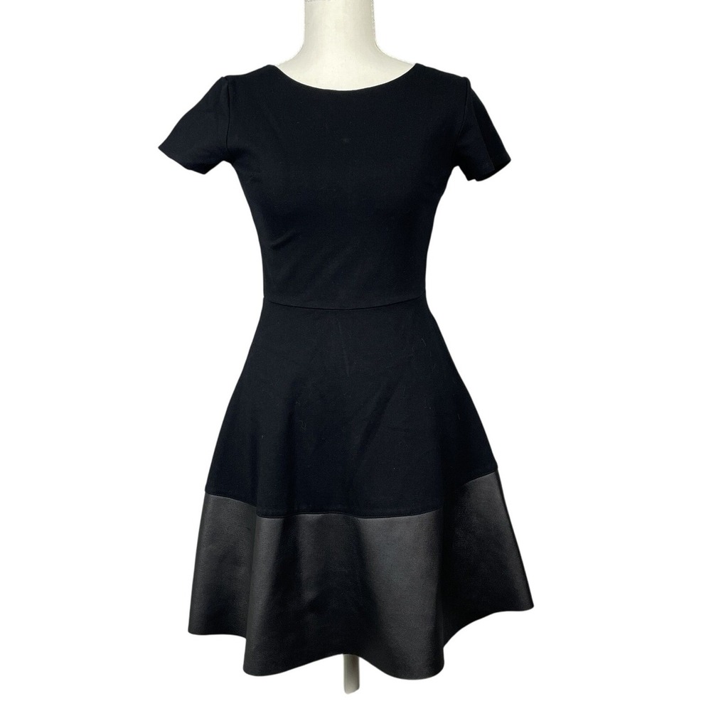 Rosie Harlow Womens S Black Faux Leather Trim Flare‎ Skater Mini Dress Retro